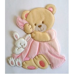 Teddy Bear with Baby Blanket Iron-on Patch - Pink